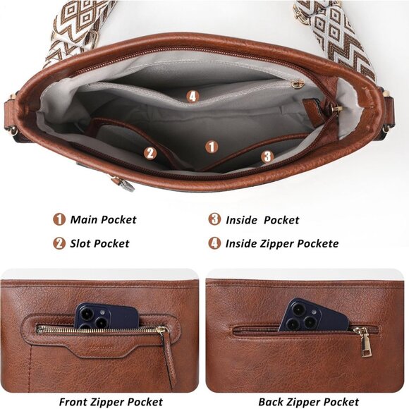 Women’s Brown 3PCS PU Leather Purses Set Crossbody Wallet & Hobo Tote Bag - Picture 7 of 8